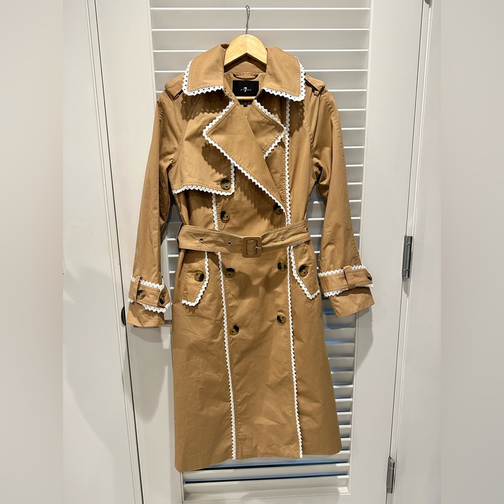 7 For All Mankind Tan Trench Coat with White Accents